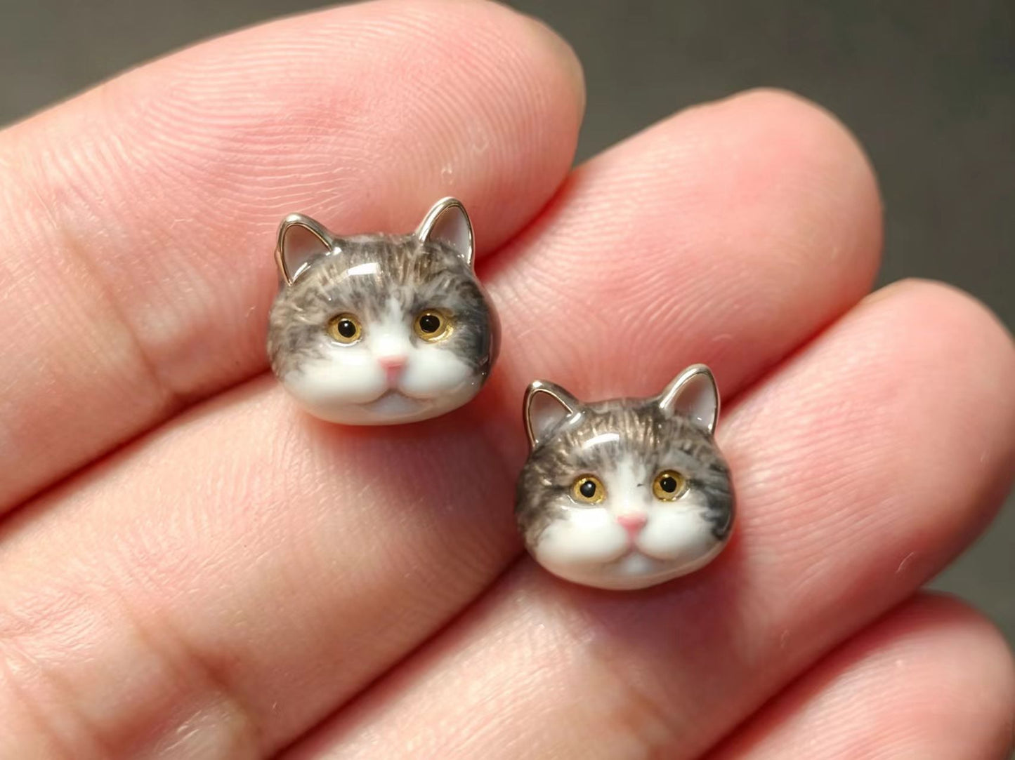 Handmade Custom Cat Face Stud Earrings – 925 Sterling Silver Enamel Pet Portrait Jewelry