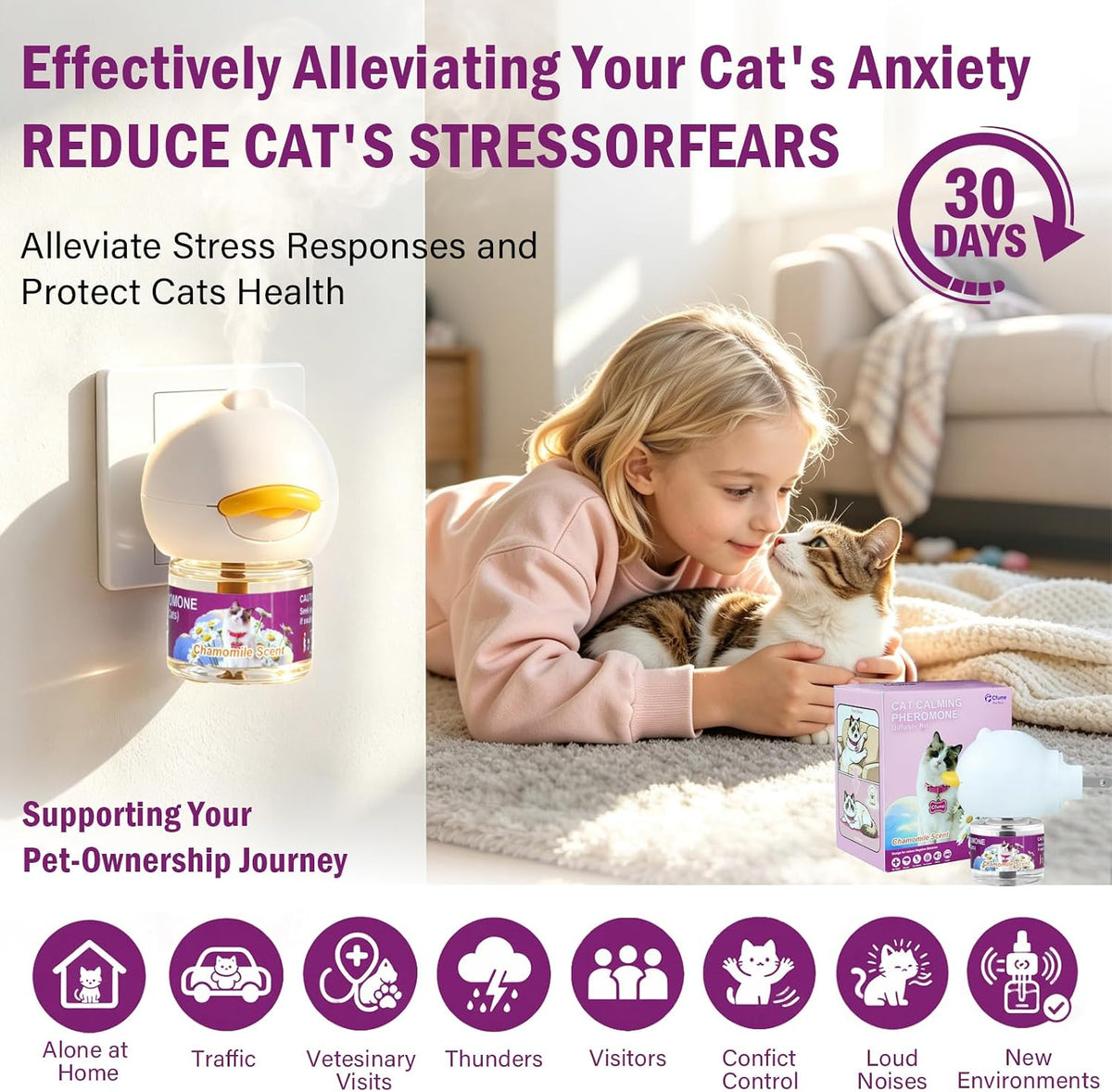 Cat Calming Diffuser Refills, 2 Refills 60‑Day All in One Feline Pheromones Plug in for Stress, Cat Pheromone Diffuser for Reduce Stress, Spraying, Scratching