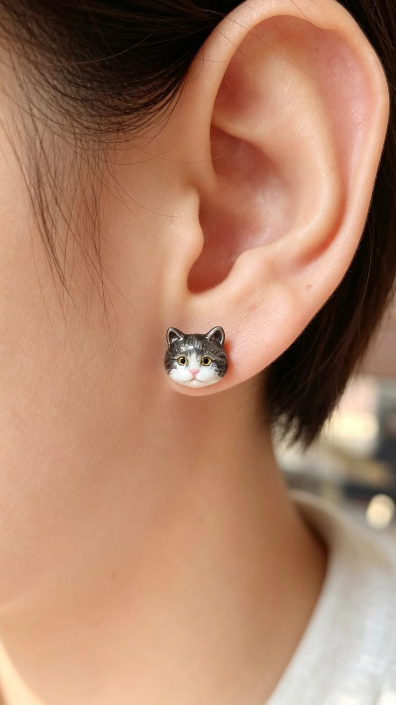 Handmade Custom Cat Face Stud Earrings – 925 Sterling Silver Enamel Pet Portrait Jewelry