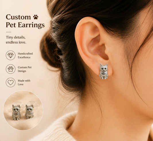 Personalized cat earrings featuring a detailed custom pet portrait design