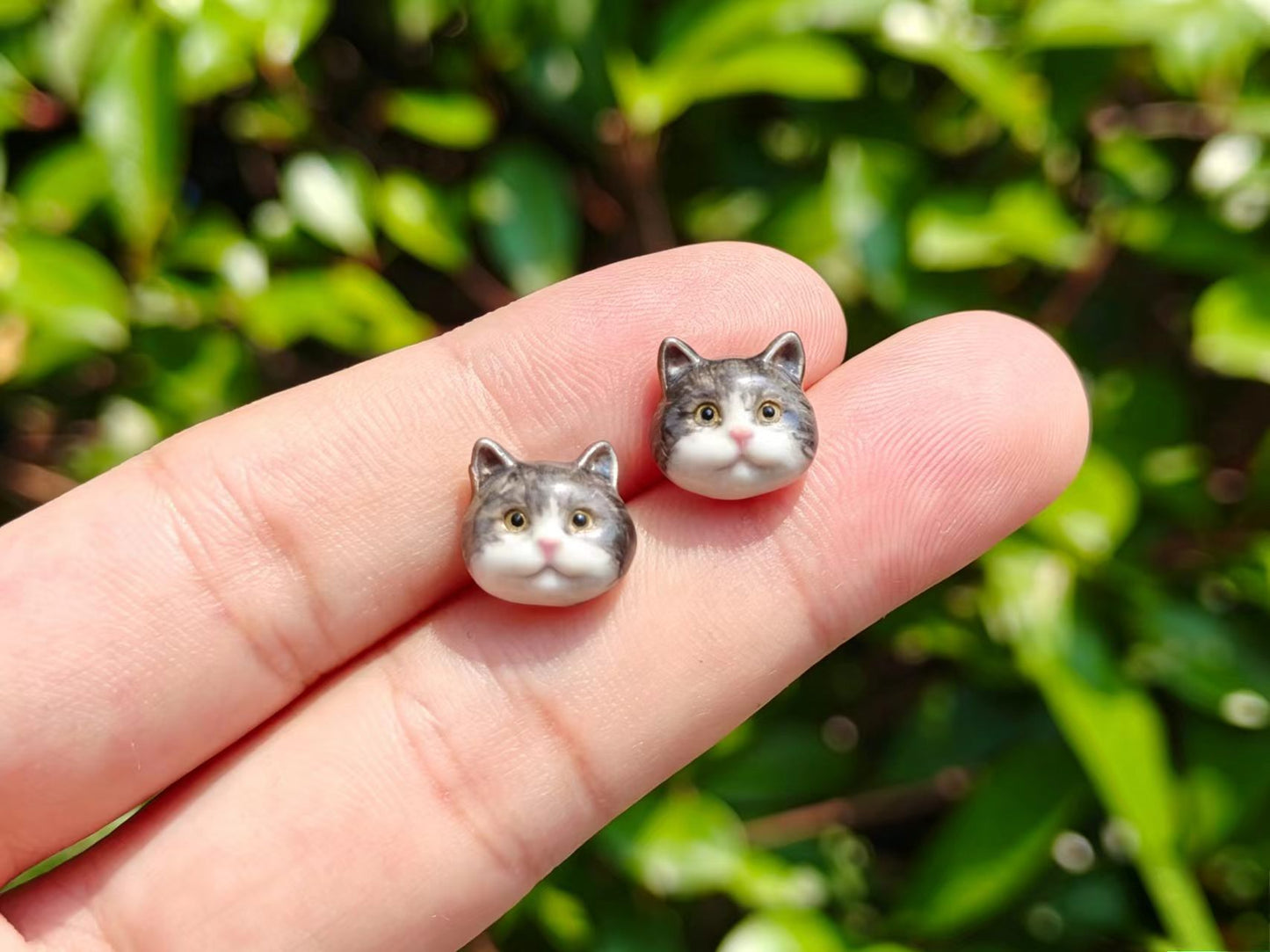 Handmade Custom Cat Face Stud Earrings – 925 Sterling Silver Enamel Pet Portrait Jewelry