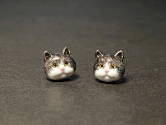 Handmade Custom Cat Face Stud Earrings – 925 Sterling Silver Enamel Pet Portrait Jewelry