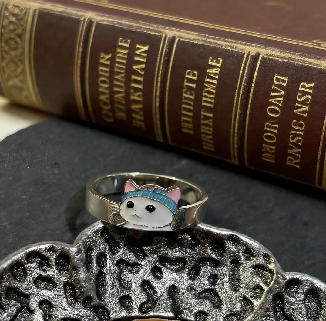 The 925 sterling silver cat in blue beanie ring displayed on an ornate metal jewelry stand, set against a background of vintage books.