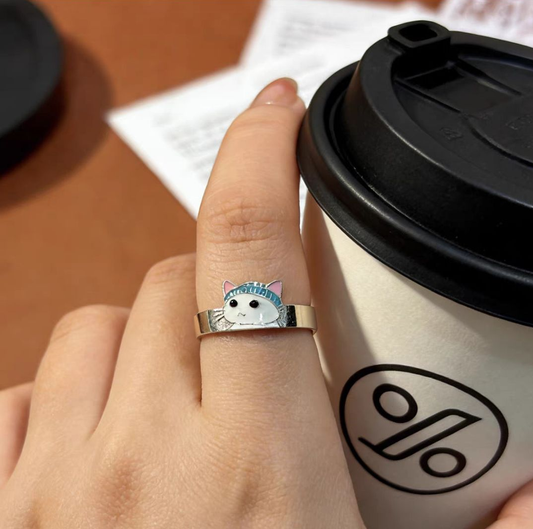 925 Sterling Silver Cat Ring with Cute White Cat Wearing a Blue Beanie Hat Worn on Hand